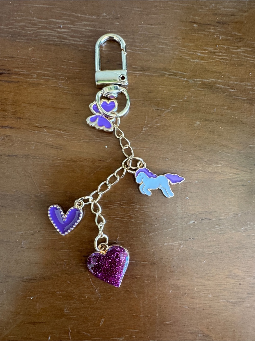 Gold-Tone Purple Heart & Unicorn Charm Keychain